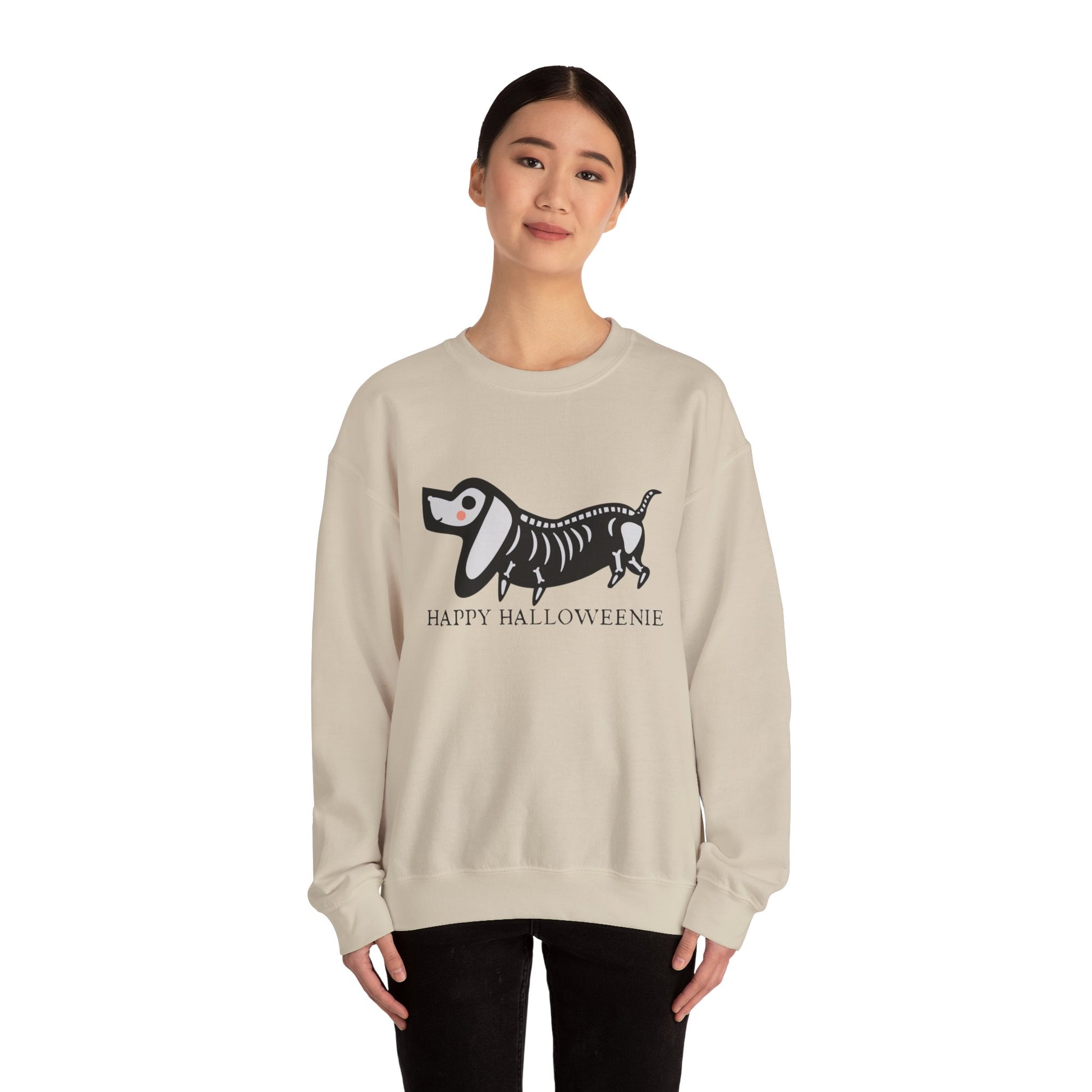 Funny Halloween Dachshund Lover Sweatshirt, Skeleton Dachshund Walking Graphic, Trick or Treat Shirt, Spooky Season, Happy Halloweenie Top Sweatshirt Printify   