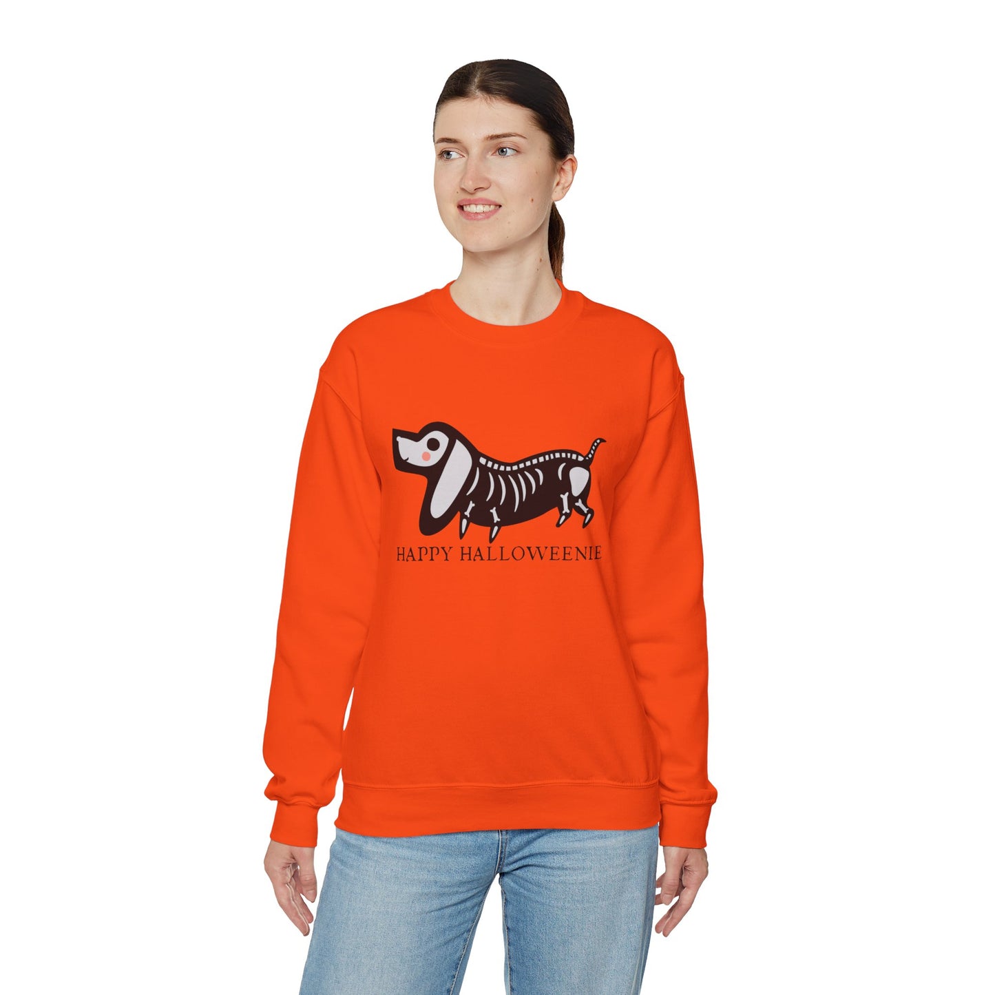 Funny Halloween Dachshund Lover Sweatshirt, Skeleton Dachshund Walking Graphic, Trick or Treat Shirt, Spooky Season, Happy Halloweenie Top Sweatshirt Printify   