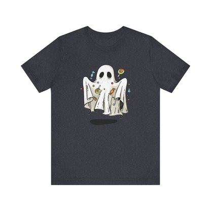 Cute Halloween Ghost Floating, Covered in Candy TShirt, Trick or Treat Shirt, Spooky Ghost Season Tee, Fun Halloween Party, Festival T-Shirt T-Shirt Printify   