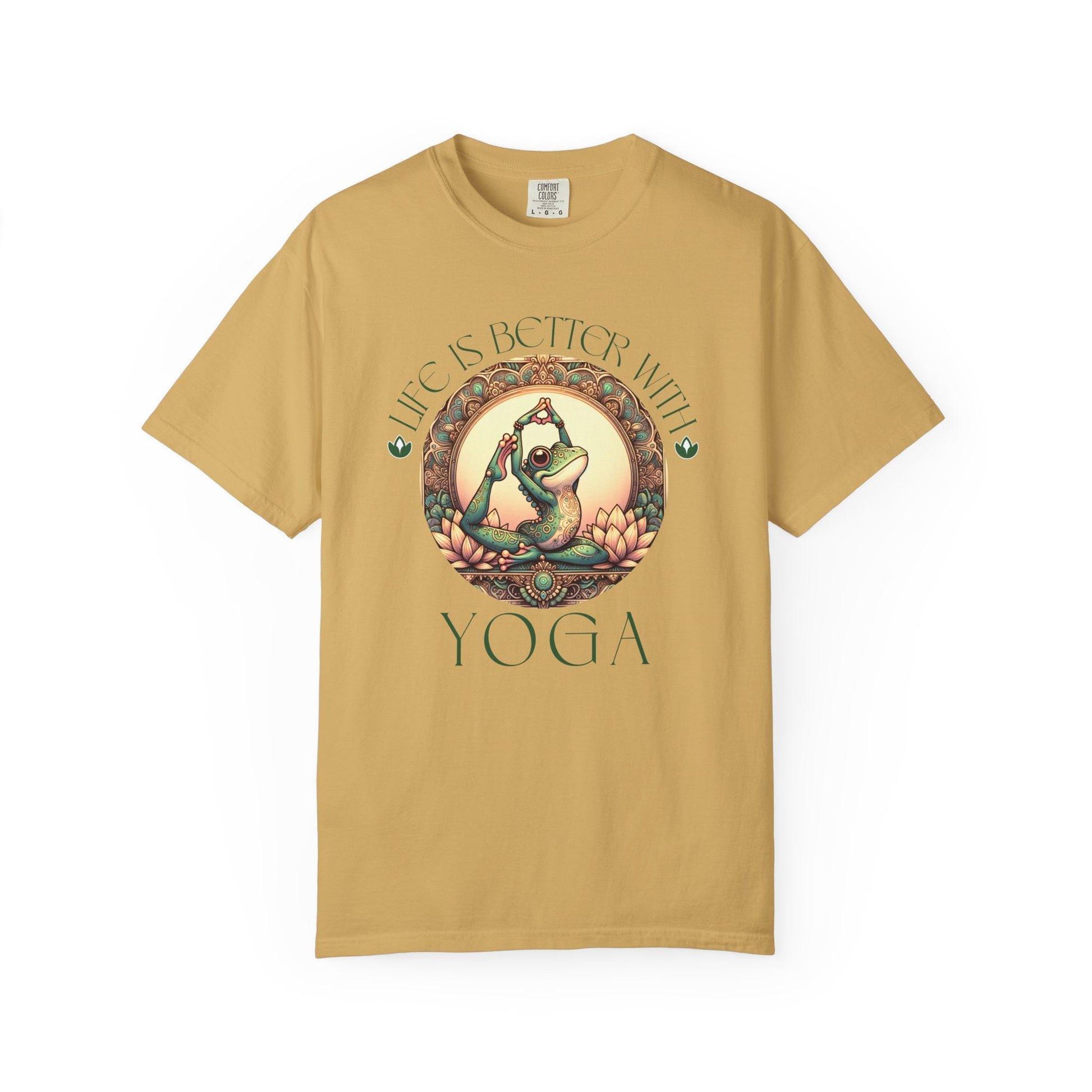 Green Yoga Frog Life Is Better With Yoga Unisex T-Shirt, Casual Wear, Highlander Fan Gift, T-Shirt Printify Mustard S