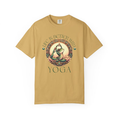 Green Yoga Frog Life Is Better With Yoga Unisex T-Shirt, Casual Wear, Highlander Fan Gift, T-Shirt Printify Mustard S