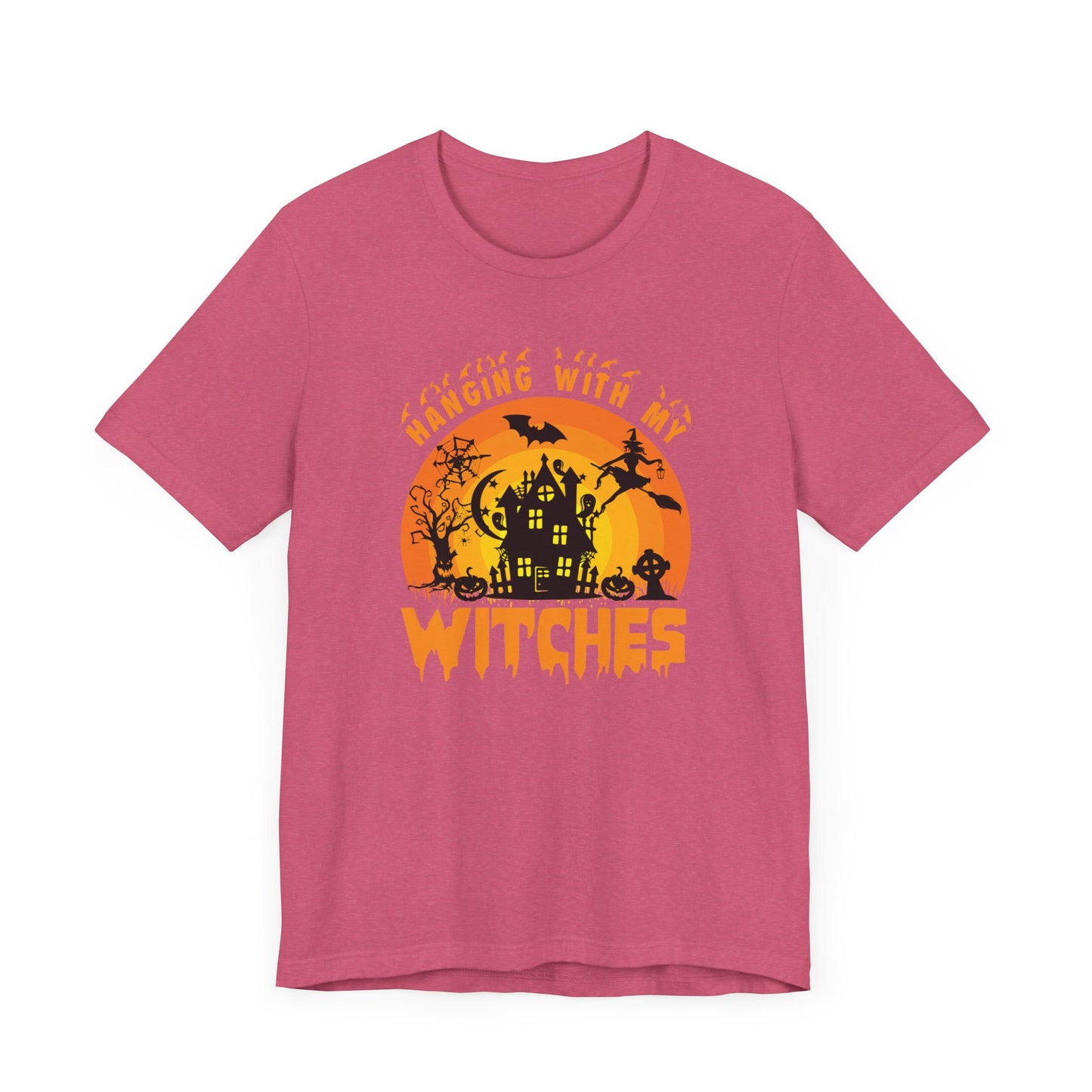 Witches and Haunted House Shirt,  Spooky Halloween Season Graphic Tee, Sunset Halloween Design, Creepy Fall or Autumn Style T Shirt, T-Shirt Printify   