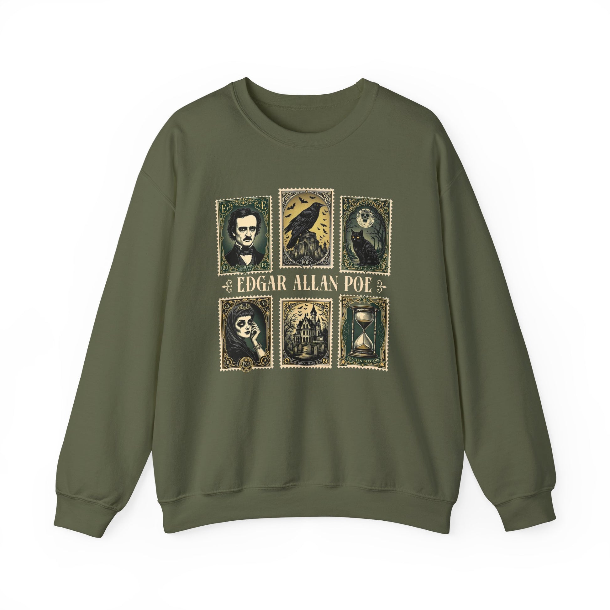 Edgar Allan Poe Sweatshirt The Raven Nevermore Gothic Horror Sweater Dark Academia Macabre Halloween Gift for Book Lovers Birthday Christmas Sweatshirt Printify Military Green S