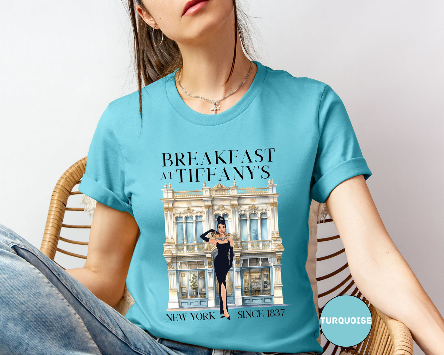 Breakfast at Tiffany's Brunch T-Shirt, Classic Audrey Crew, Girls Brunching Weekend Tee, Women's Shirt, Mimosa And Champagne Gifts T-Shirt Printify   