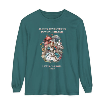 Alice in Wonderland Vintage Long Sleeve Shirt, Lewis Carroll Dark Academia TShirt, Mad Hatter Tea Party Queen of Hearts Bookish Booktok Gift Long-sleeve Printify Blue Spruce S 