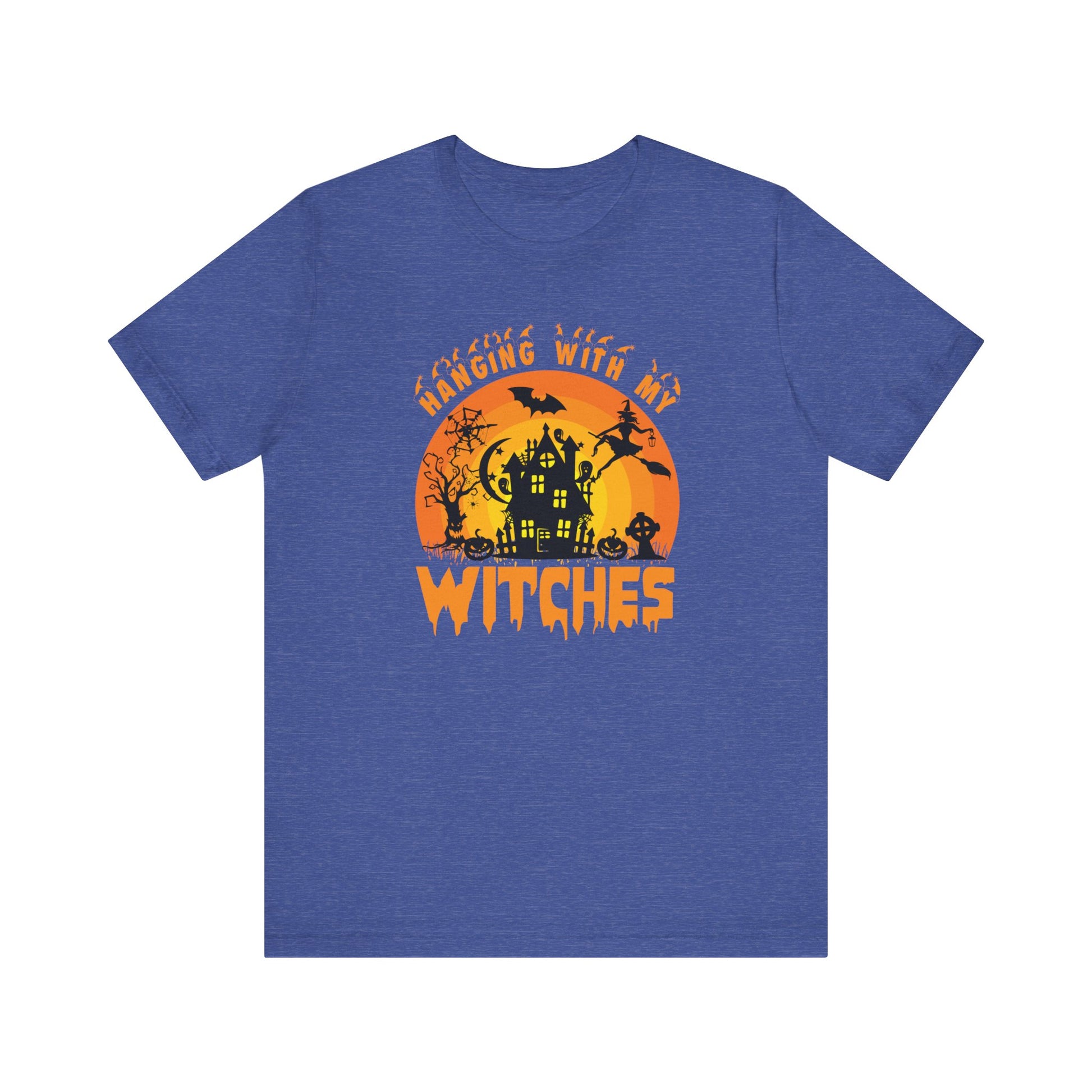 Witches and Haunted House Shirt,  Spooky Halloween Season Graphic Tee, Sunset Halloween Design, Creepy Fall or Autumn Style T Shirt, T-Shirt Printify Heather True Royal XS 