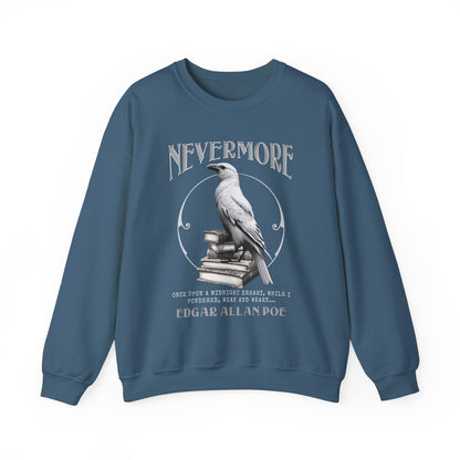 The White Raven Edgar Allan Poe Nevermore Sweatshirt Book Lover Halloween Haunting Gothic Gift Light Dark Academia Horror Movie Bookclub Sweater Sweatshirt Printify S Indigo Blue 