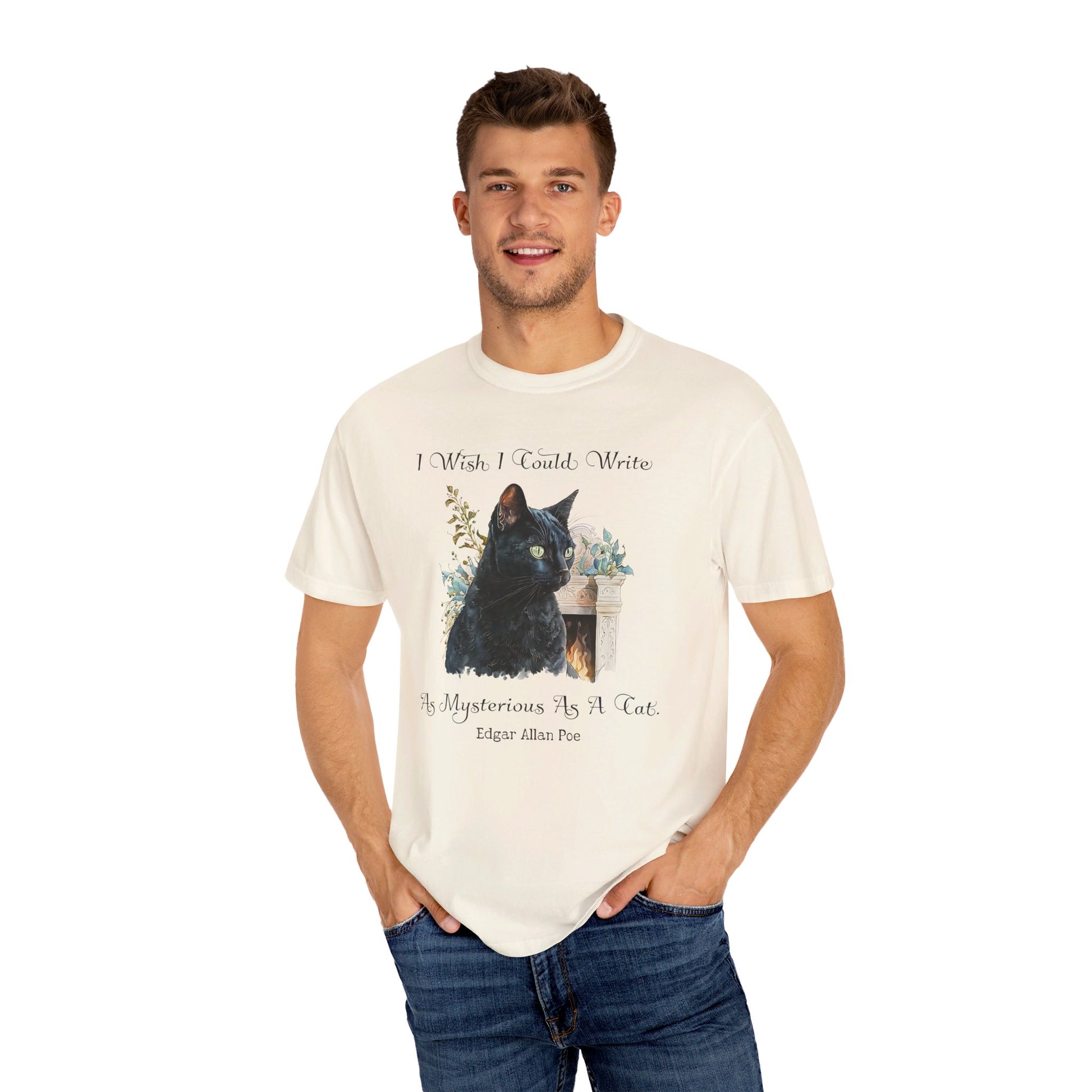 Edgar Allan Poe T-Shirt The Black Cat Nevermore The Raven Poe Fan Art Poetry Book Lover, Dark Cottagecore Macabre Gift, Light, Dark Academia T-Shirt Printify   