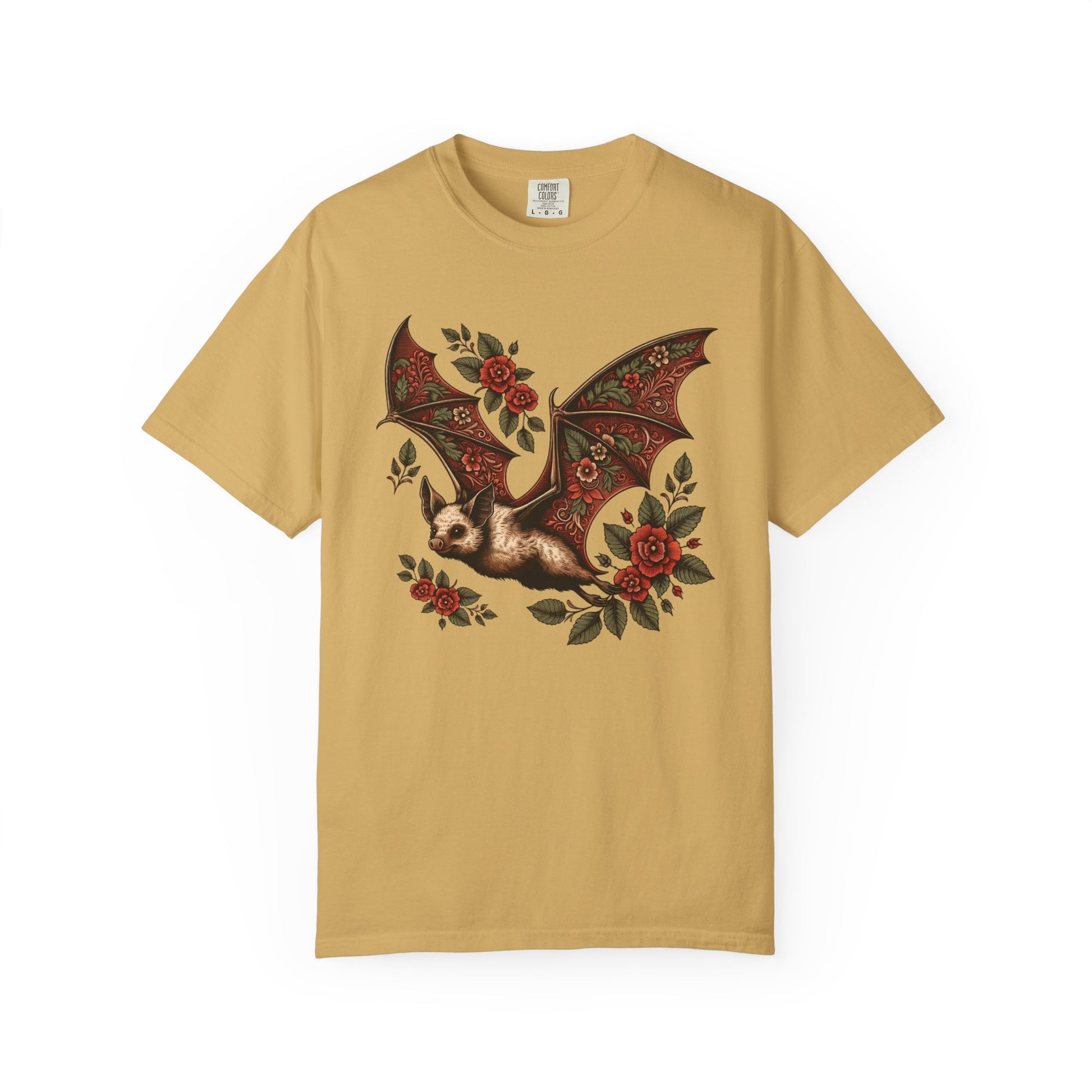 Vintage Bat TShirt Autumn Fall Style Bat Shirt For Halloween Party Spooky Vibes Witchy Dark Academia Comfort Colors Unisex Oversized Shirt T-Shirt Printify Mustard S