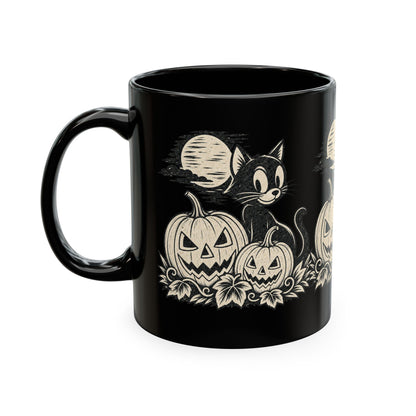 Black Cat and Jack-o'-Lanterns Mug | Halloween Pumpkin Cat Ceramic Mug
