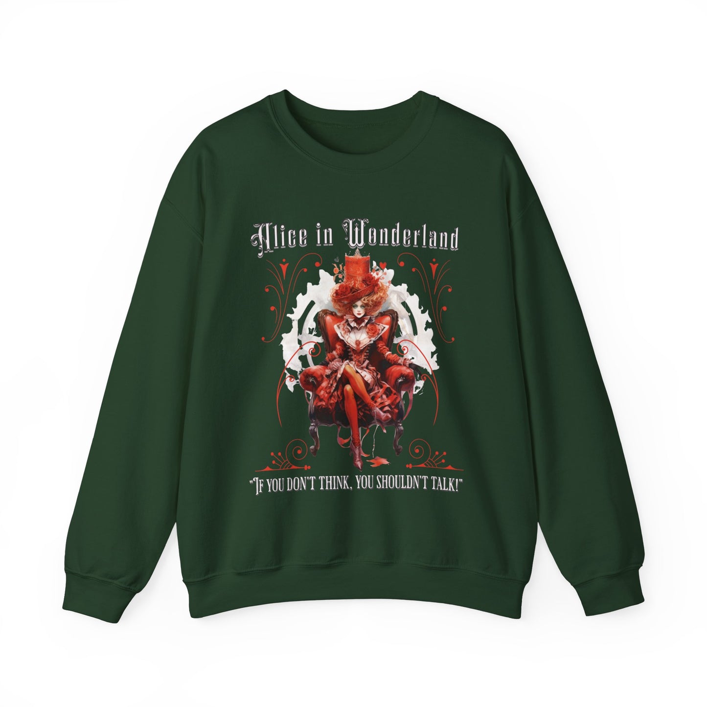 Queen of Hearts Sweatshirt, Alice In Wonderland Lewis Carroll Whimsigoth Academia Sweater Mad Hatter Tea Party Tee Bookish Booktok Gift Sweatshirt Printify S Forest Green 