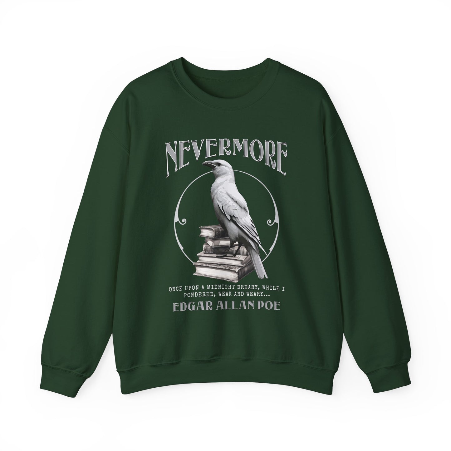 The White Raven Edgar Allan Poe Nevermore Sweatshirt Book Lover Halloween Haunting Gothic Gift Light Dark Academia Horror Movie Bookclub Sweater Sweatshirt Printify S Forest Green 