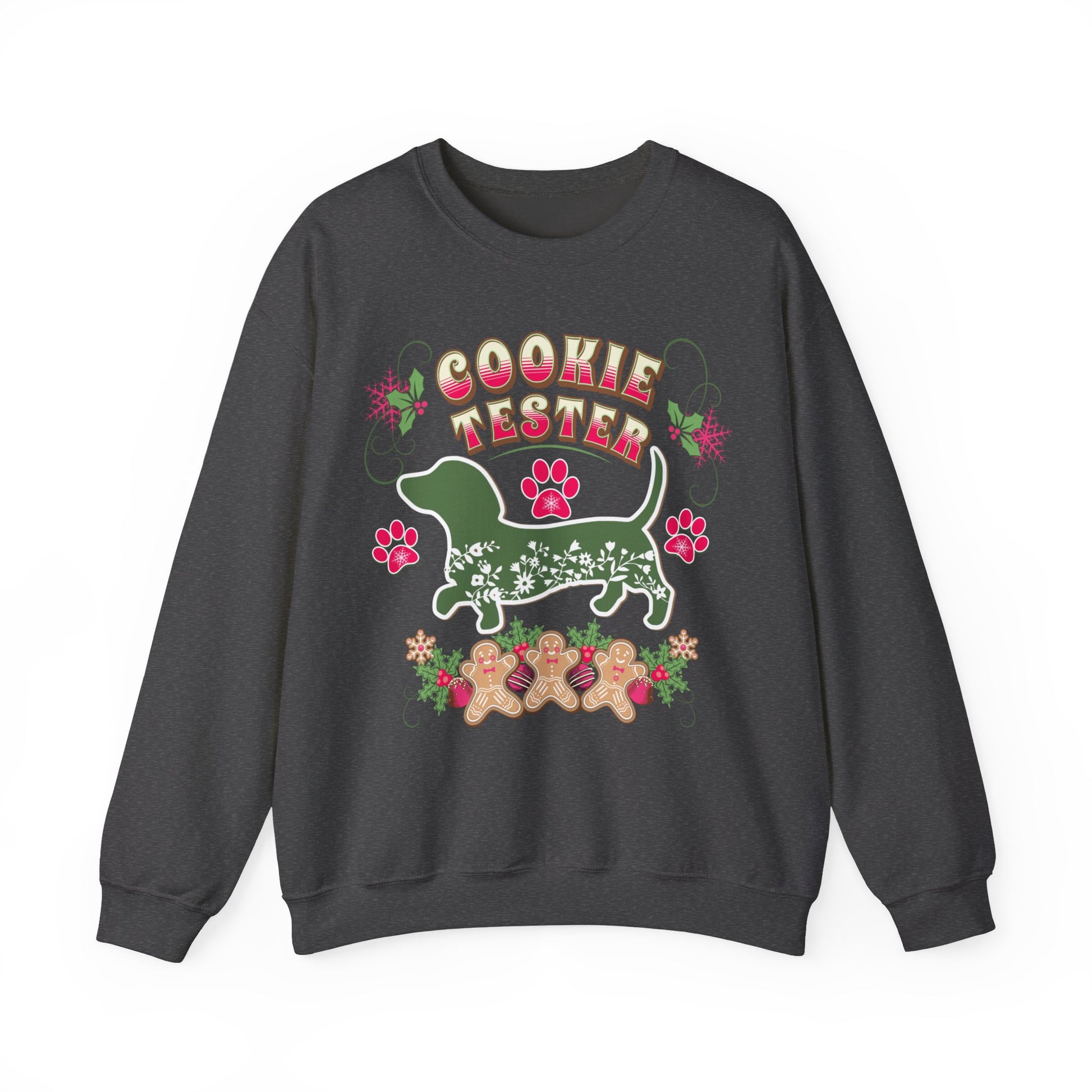 Christmas Dachshund Lover Baking Sweatshirt, Doxie Cookie Tester XMas T-Shirt, Dog Lover Shirt, Matching Family Christmas Cookie Baking Gift Sweatshirt Printify S Dark Heather 