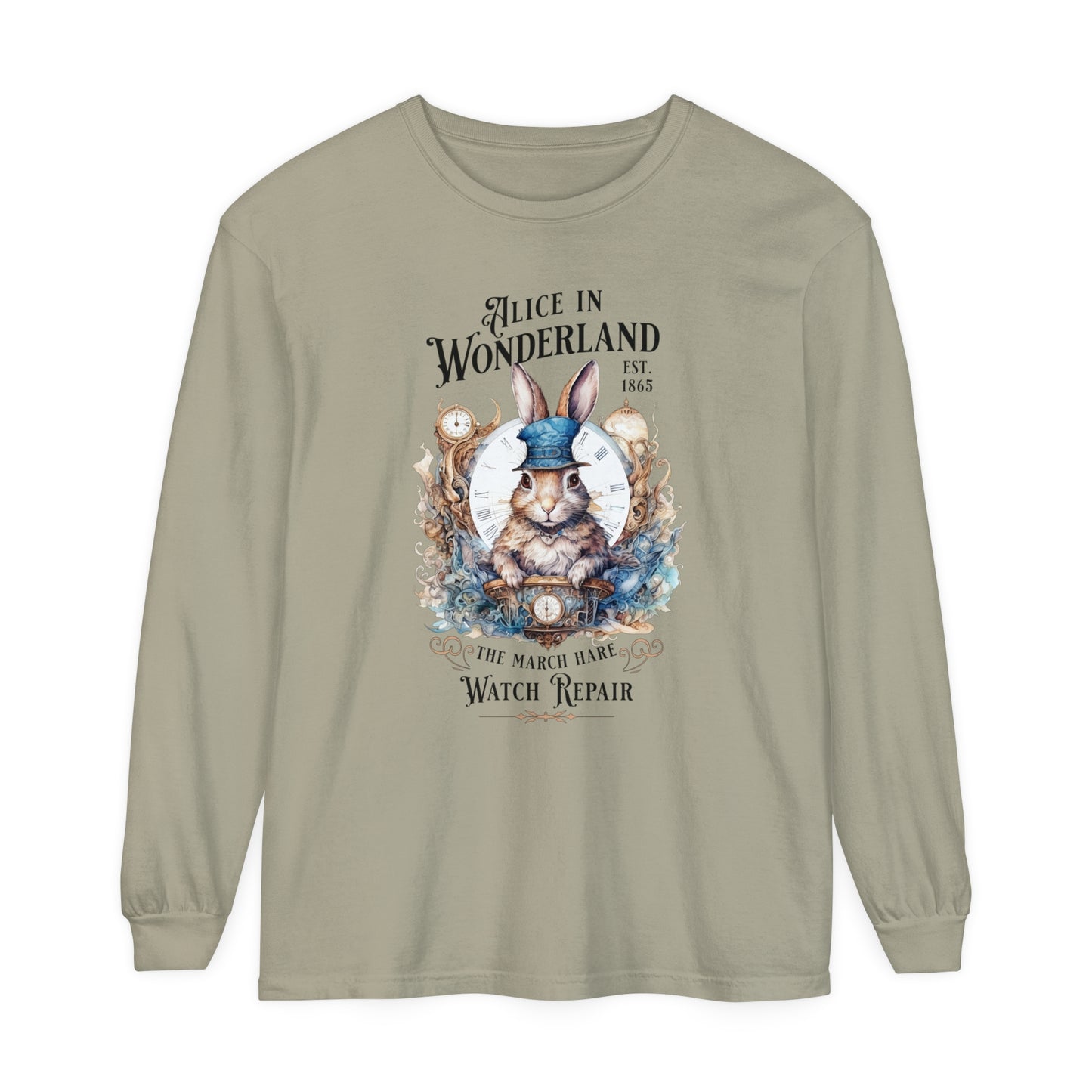 Alice in Wonderland Long Sleeve Shirt, Lewis Carroll Dark Academia TShirt, Mad Hatter Tea Party March Hare White Rabbit Bookish Booktok Gift Long-sleeve Printify Sandstone S 