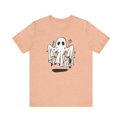 Cute Halloween Ghost Floating, Covered in Candy TShirt, Trick or Treat Shirt, Spooky Ghost Season Tee, Fun Halloween Party, Festival T-Shirt T-Shirt Printify   