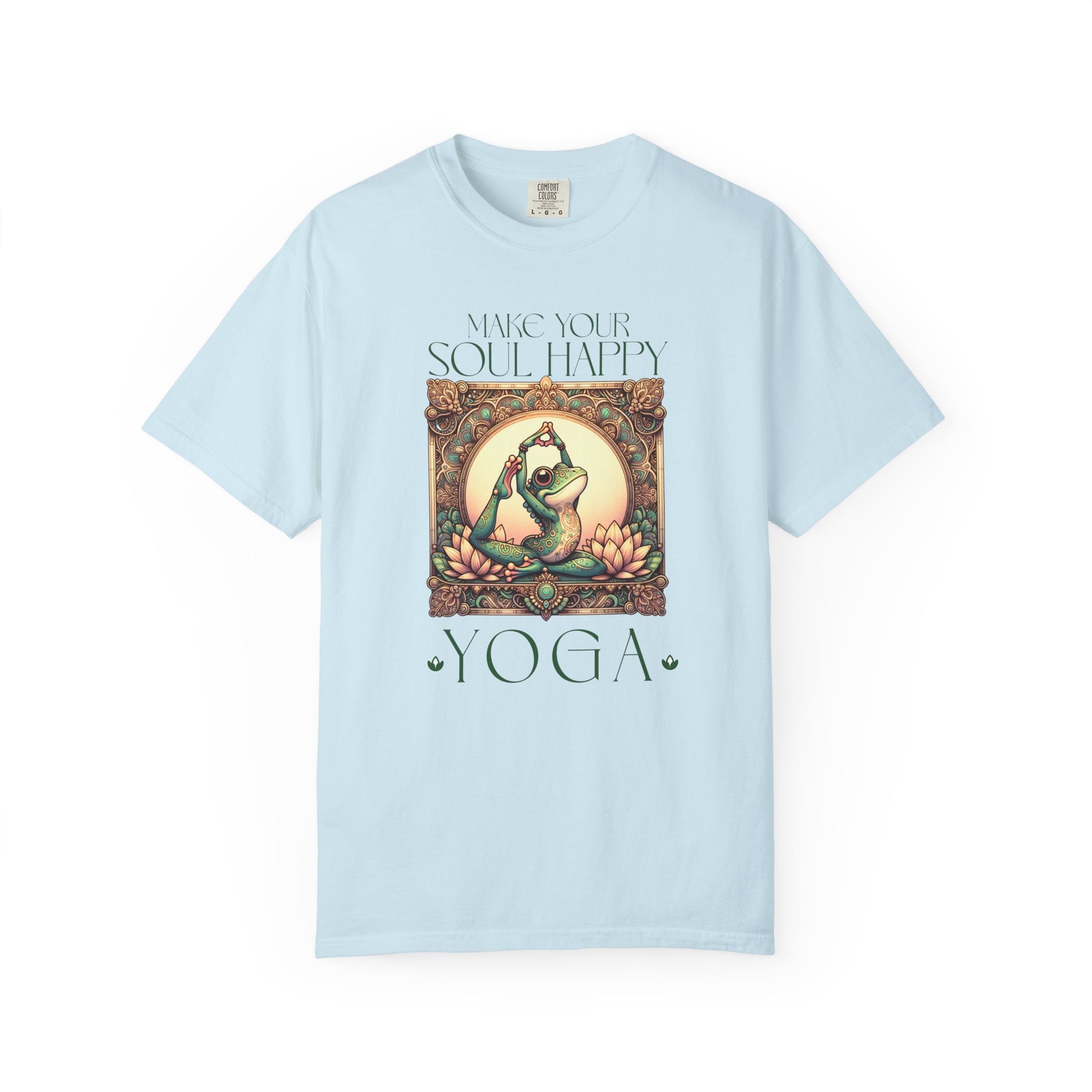 Green Yoga Frog Make Your Soul Happy Unisex T-Shirt, Casual Wear, Highlander Fan Gift, T-Shirt Printify Chambray S