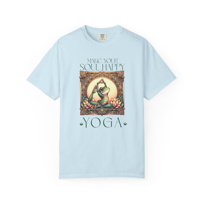 Green Yoga Frog Make Your Soul Happy Unisex T-Shirt, Casual Wear, Highlander Fan Gift, T-Shirt Printify Chambray S
