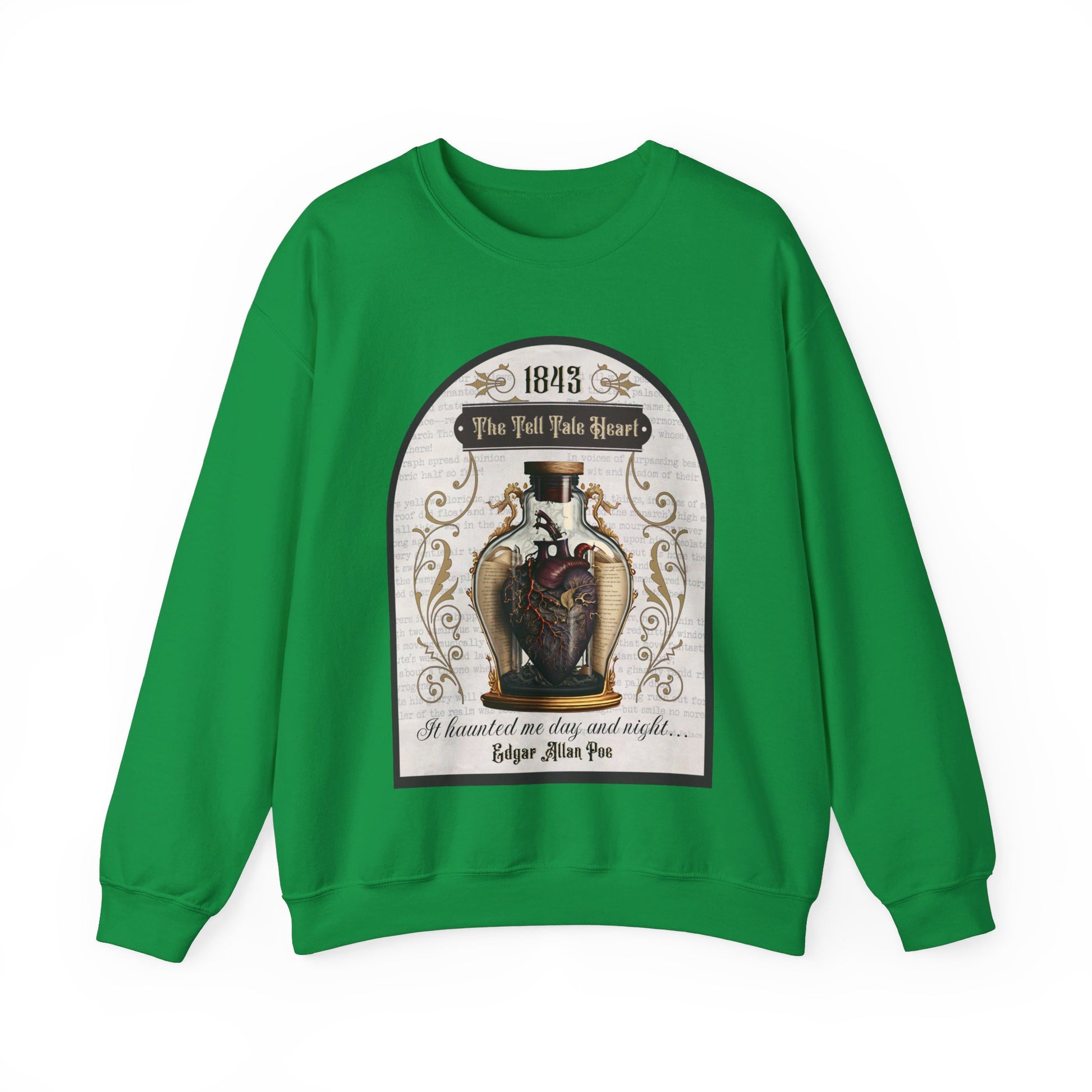 Edgar Allan Poe, The Tell Tale Heart Sweatshirt, Book Lover, Halloween, Haunting Gothic Gift, Light, Dark Academia, Horror Movie Sweater Sweatshirt Printify S Irish Green 