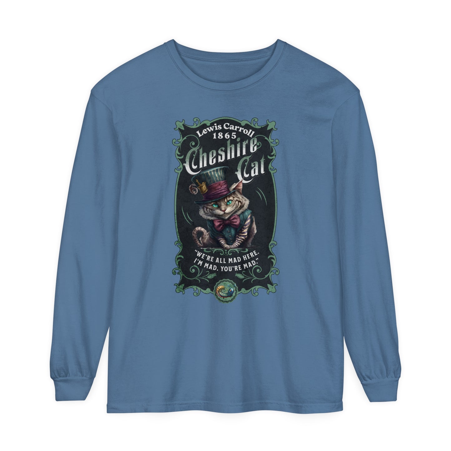 Cheshire Cat Long Sleeve Shirt, Alice in Wonderland, Lewis Carroll Dark Academia TShirt Mad Hatter Tea Party Bookish Book Lover Booktok Gift Long-sleeve Printify Blue Jean S 