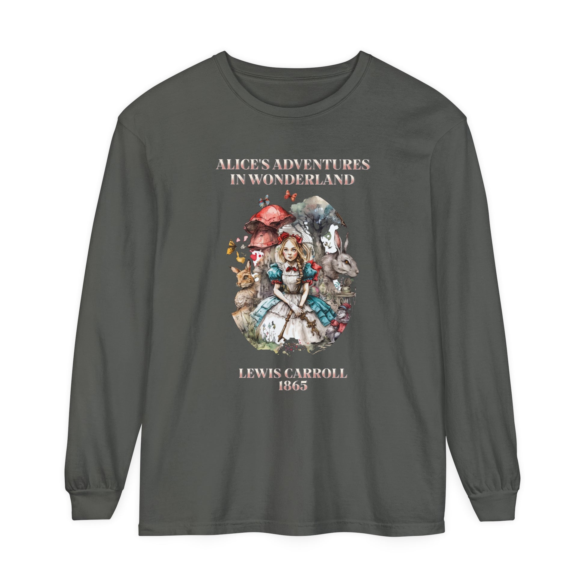 Alice in Wonderland Vintage Long Sleeve Shirt, Lewis Carroll Dark Academia TShirt, Mad Hatter Tea Party Queen of Hearts Bookish Booktok Gift Long-sleeve Printify Pepper S 