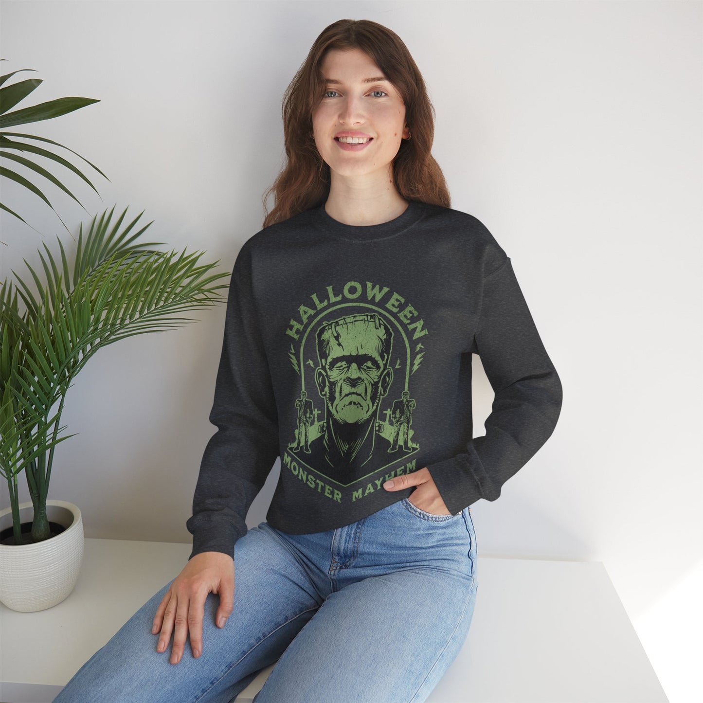 Vintage Halloween Frankenstein Monster Graphic Sweatshirt, Creepy Spooky Book Lover Gift, Horror Movie, Fall Festival Party Sweater. Sweatshirt Printify   