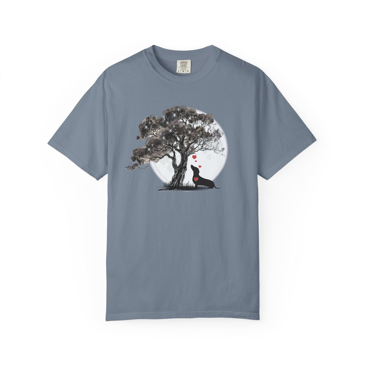 TREE MOON PET Black Dog Under Tree with Red Ball T-shirt | Dog Silhouette Nature Tee