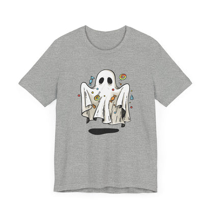 Cute Halloween Ghost Floating, Covered in Candy TShirt, Trick or Treat Shirt, Spooky Ghost Season Tee, Fun Halloween Party, Festival T-Shirt T-Shirt Printify   