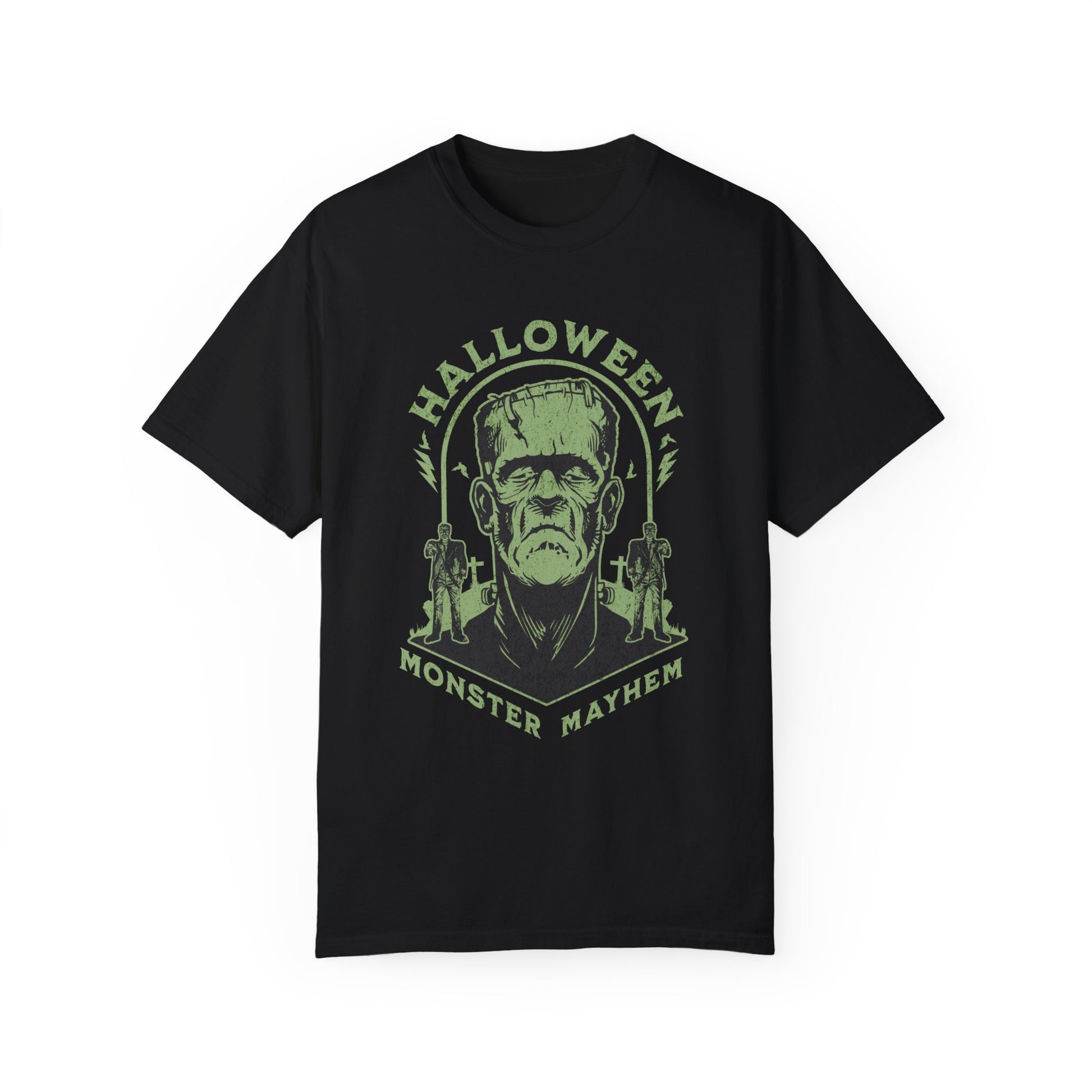 Vintage Halloween Frankenstein Monster Graphic Tee, Creepy Spooky Book Lover Gift, Horror Movie, Fall Festival Party Comfort Colors T Shirt. T-Shirt Printify Black S 