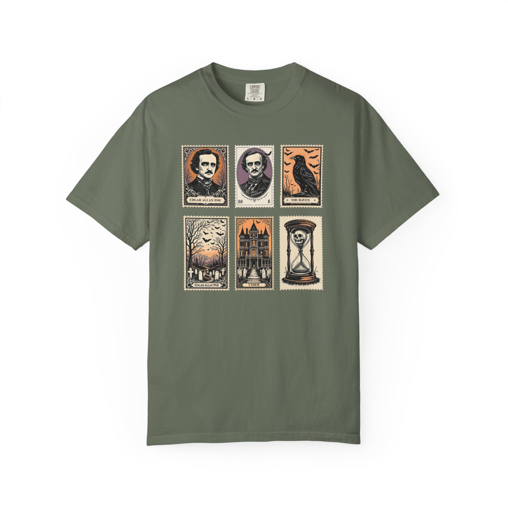 Edgar Allan Poe T-Shirt Gothic Graphic Tee The Raven Nevermore Quote Horror Literature Shirt Dark Academia Aesthetic Halloween Party Gift T-Shirt Printify Moss S