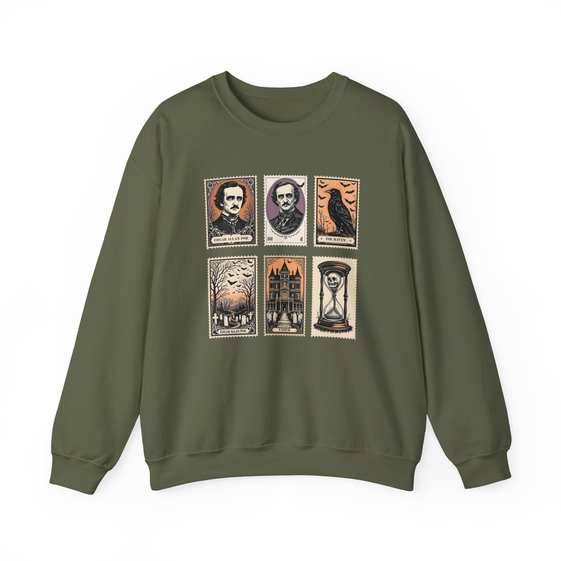 Edgar Allan Poe Sweatshirt The Raven Nevermore Gothic Horror Sweater Dark Academia Macabre Halloween Gift for Book Lovers Birthday Christmas Sweatshirt Printify Military Green S
