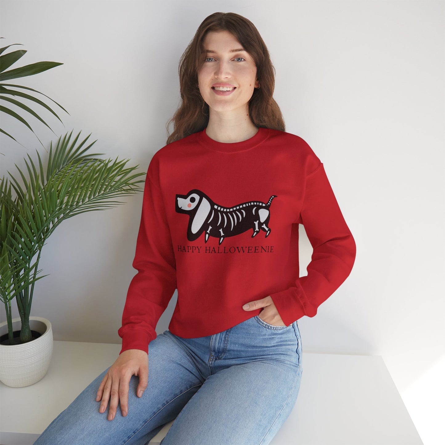 Funny Halloween Dachshund Lover Sweatshirt, Skeleton Dachshund Walking Graphic, Trick or Treat Shirt, Spooky Season, Happy Halloweenie Top Sweatshirt Printify   