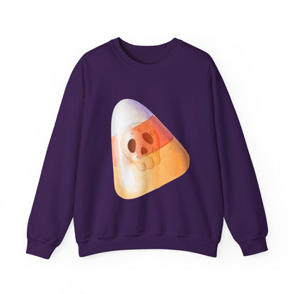 Halloween Candy Corn With Skull Face Sweatshirt, Trick or Treat Shirt, Spooky Ghost Season, Fun Halloween Fall Festival Party Sweater Sweatshirt Printify S Purple 