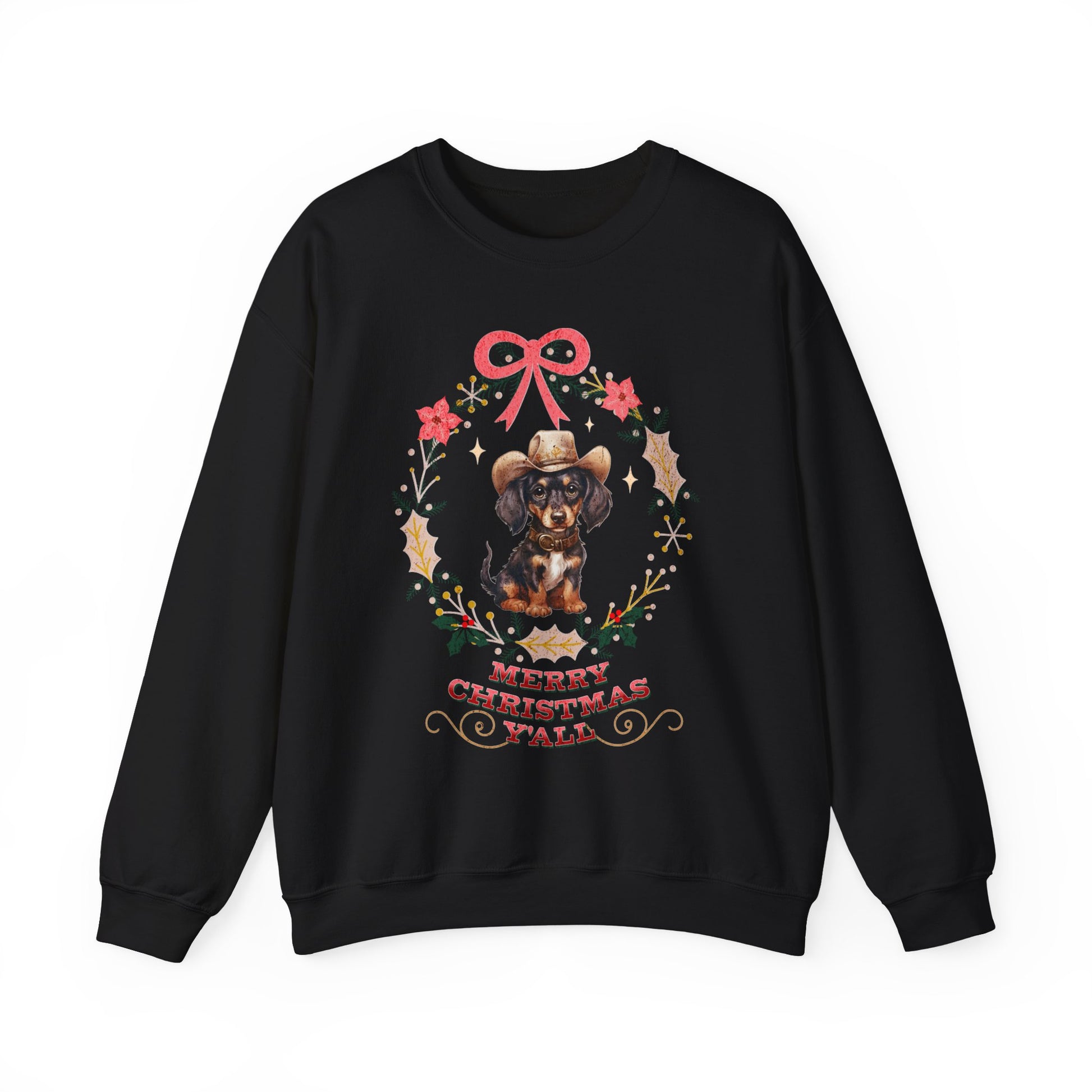 Western Dachshund Wiener Christmas Sweatshirt, Doxie Lover Gift Cowgirl Country Southern Rodeo Christmas Sweater, Animal Lover Farm Life Git Sweatshirt Printify S Black 