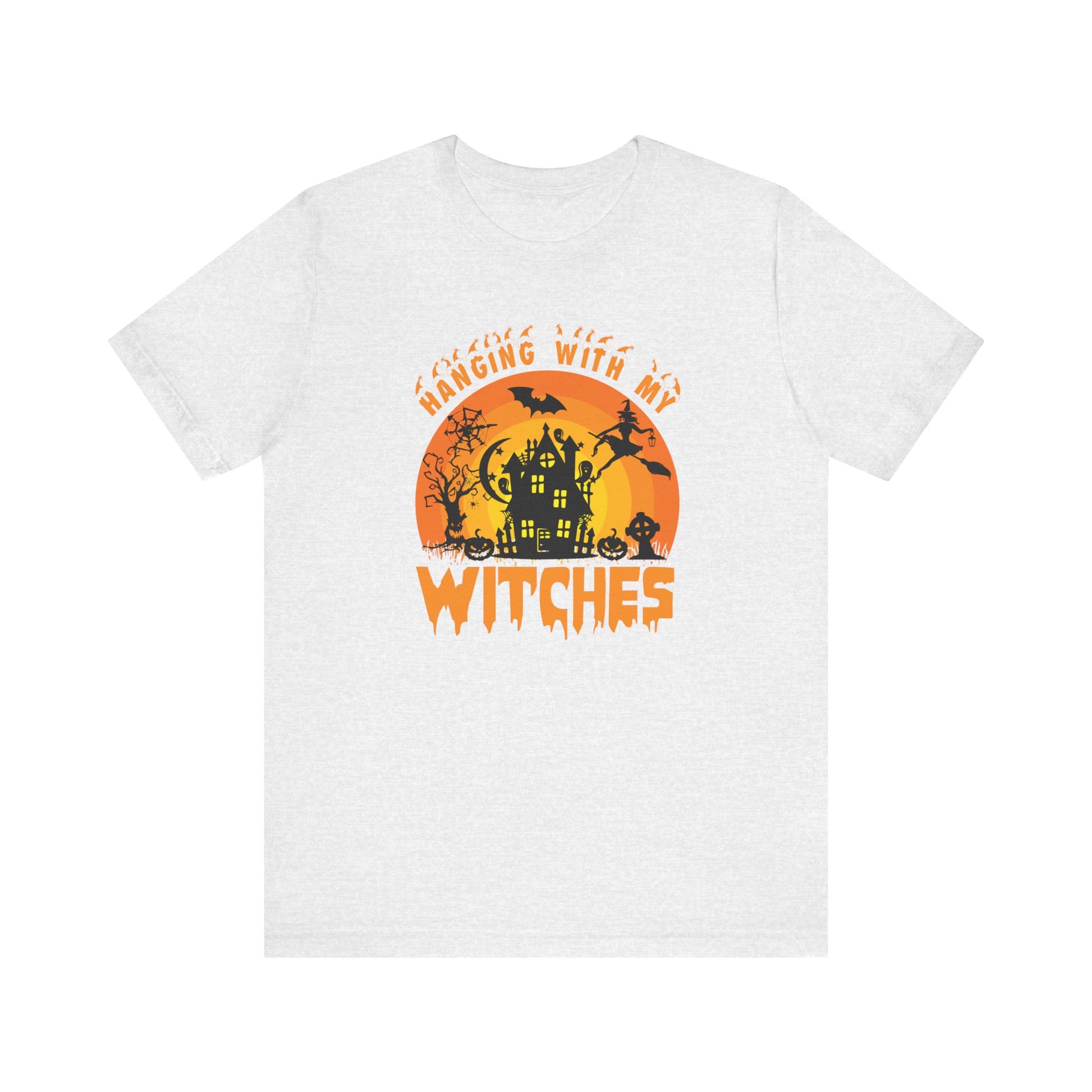 Witches and Haunted House Shirt,  Spooky Halloween Season Graphic Tee, Sunset Halloween Design, Creepy Fall or Autumn Style T Shirt, T-Shirt Printify Ash XS 