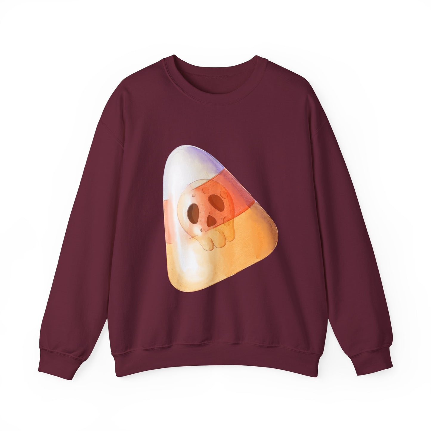 Halloween Candy Corn With Skull Face Sweatshirt, Trick or Treat Shirt, Spooky Ghost Season, Fun Halloween Fall Festival Party Sweater Sweatshirt Printify S Maroon 