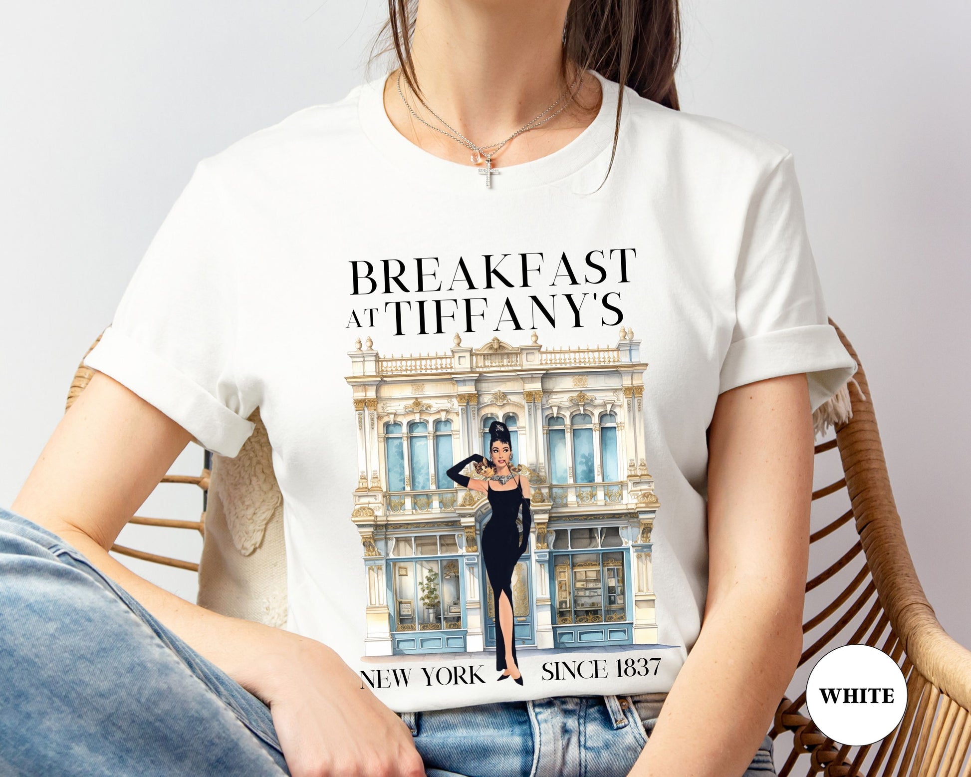 Breakfast at Tiffany's Brunch T-Shirt, Classic Audrey Crew, Girls Brunching Weekend Tee, Women's Shirt, Mimosa And Champagne Gifts T-Shirt Printify   