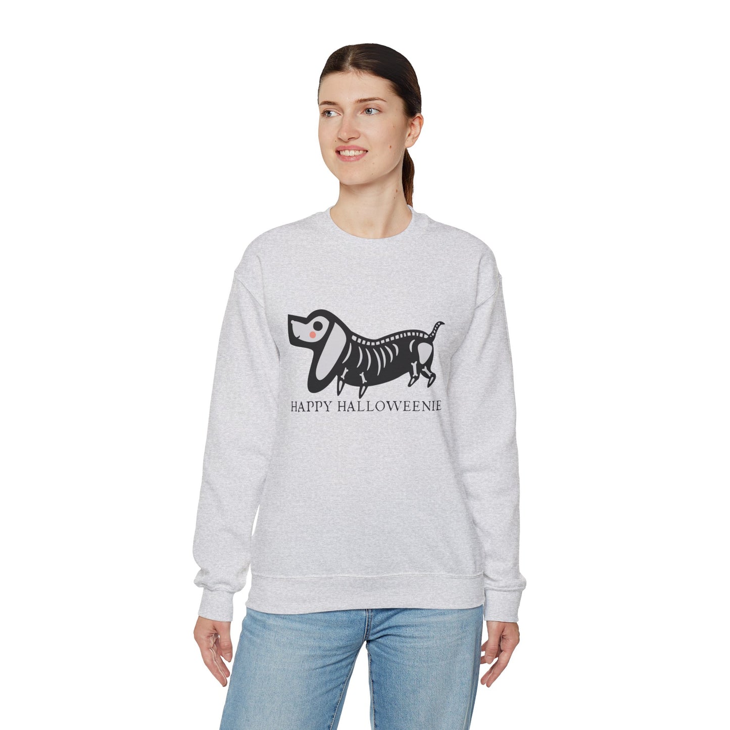 Funny Halloween Dachshund Lover Sweatshirt, Skeleton Dachshund Walking Graphic, Trick or Treat Shirt, Spooky Season, Happy Halloweenie Top Sweatshirt Printify   