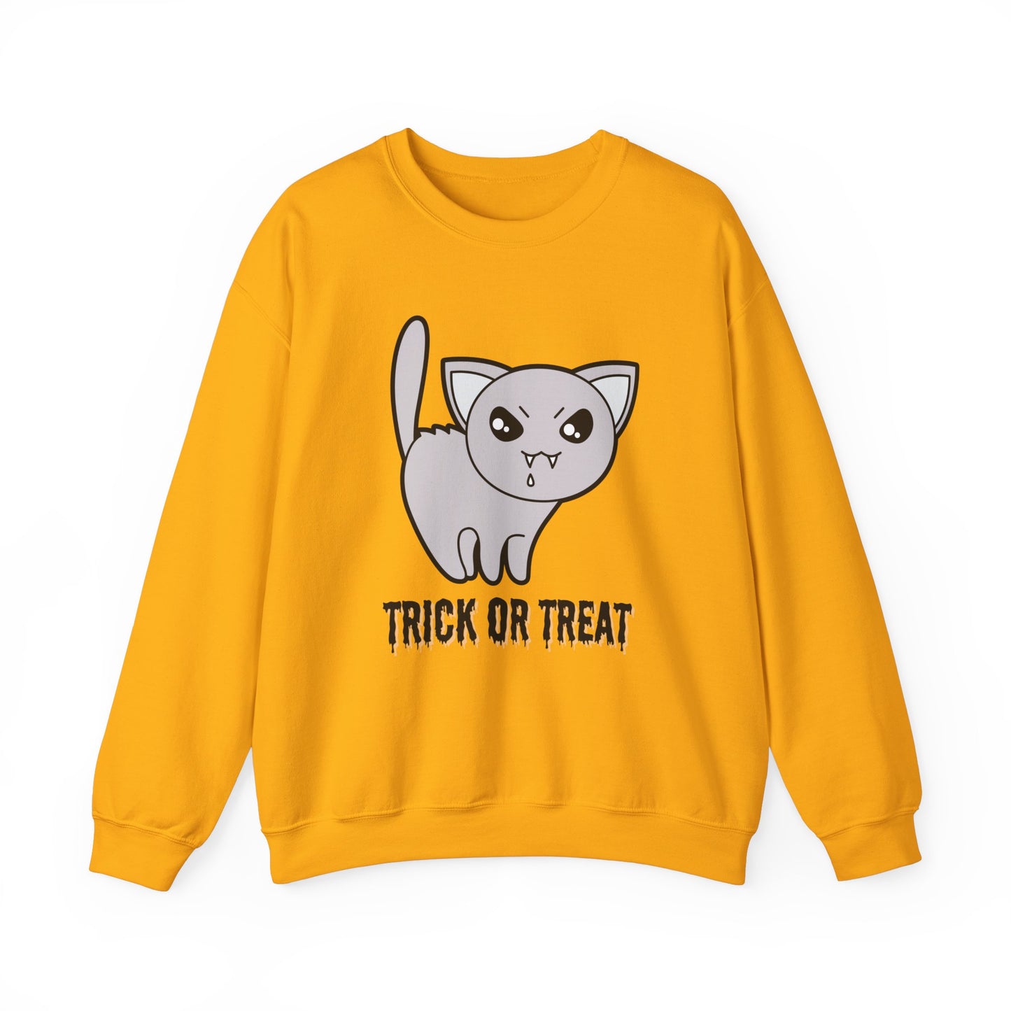 Cute Halloween Vampire Cat Sweatshirt, Trick or Treat Shirt, Spooky Ghost Season, Fun Halloween Fall, Festival Sweatshirt Sweatshirt Printify S Gold 