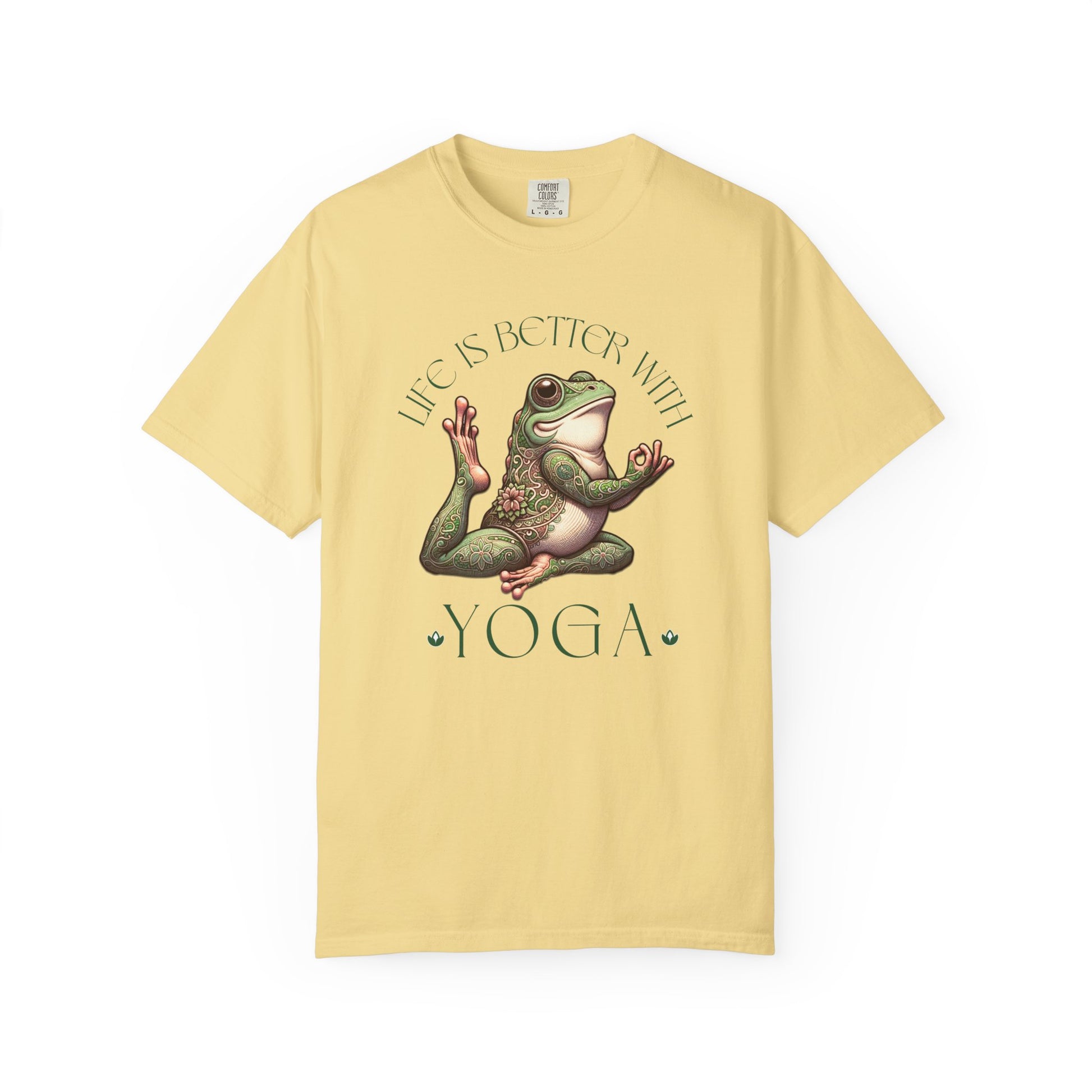 Green Yoga Frog Life Is Better With Yoga Unisex T-Shirt, Casual Wear, Highlander Fan Gift, T-Shirt Printify Butter S