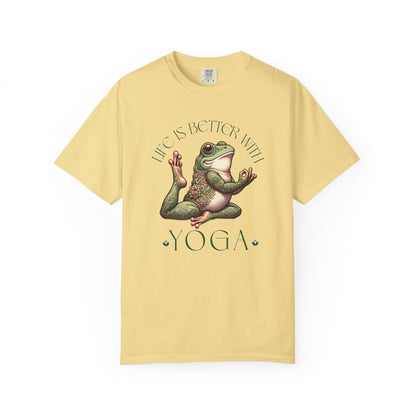 Green Yoga Frog Life Is Better With Yoga Unisex T-Shirt, Casual Wear, Highlander Fan Gift, T-Shirt Printify Butter S