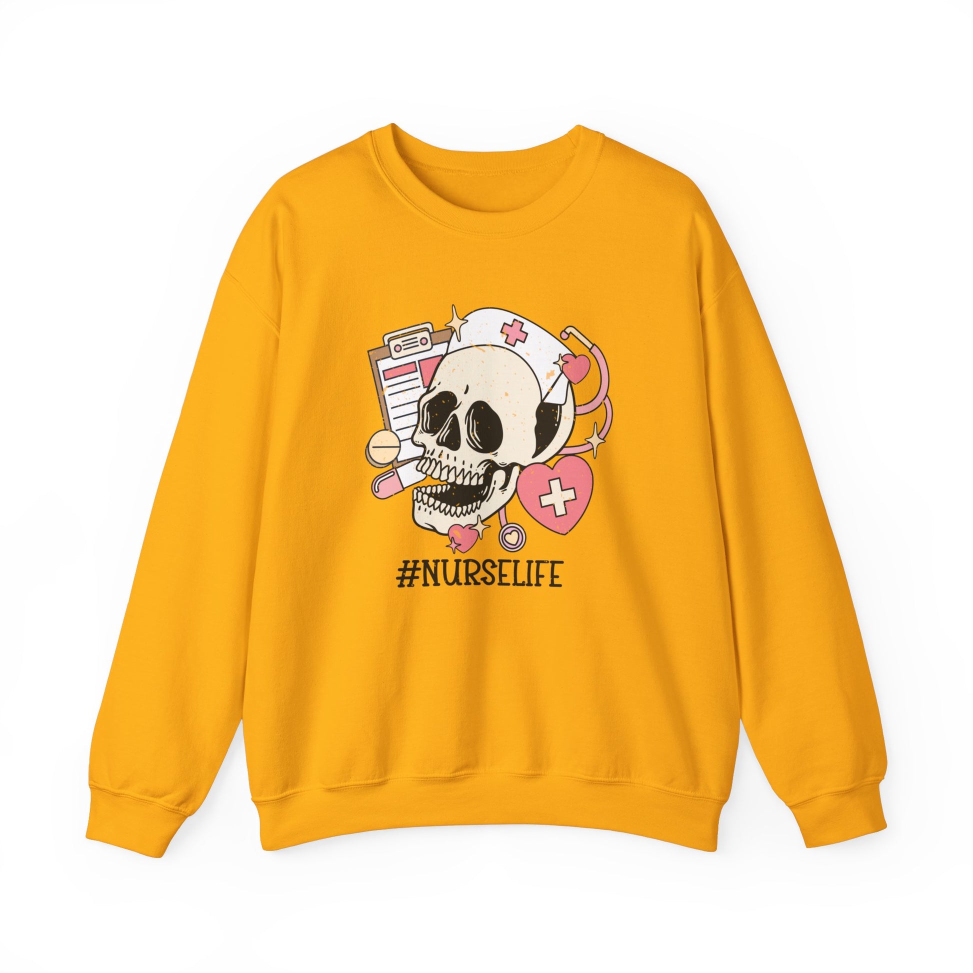 Halloween Nurse Sweatshirt,  Funny Spooky Skull Graphic Shirt, Spooky Season Sweater, Fall Season, Autumn Style Sweatshirt Sweatshirt Printify S Gold 