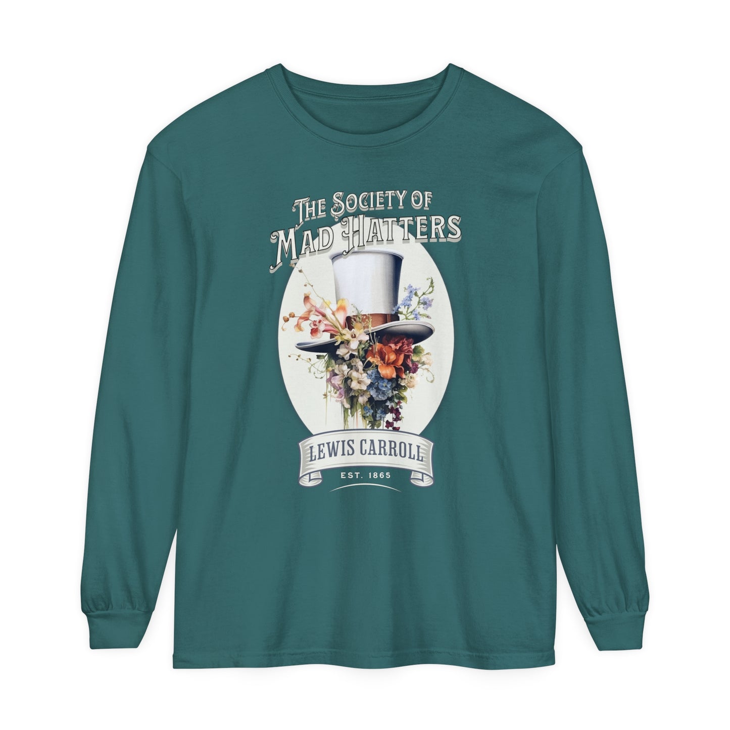 Alice in Wonderland Long Sleeve Shirt, Vintage Lewis Carroll The Mad Hatter TShirt, Tea Party, Queen of Hearts Bookish Booktok Academia Gift Long-sleeve Printify Blue Spruce S 