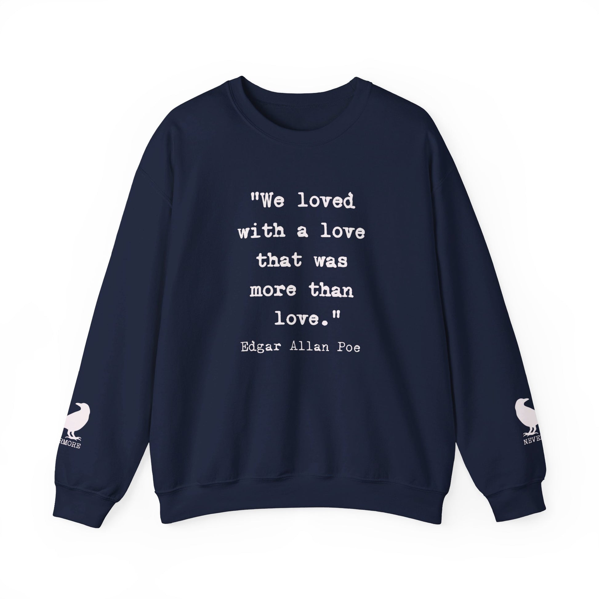 Edgar Allan Poe Sleeve Print Vintage Raven Poem Sweatshirt, Poetry Book Lover Sweater, Haunting Gothic Gift, Light, Dark Academia, Nevermore Sweatshirt Printify S Navy 