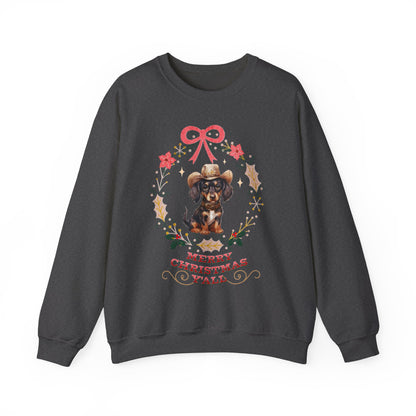 Western Dachshund Wiener Christmas Sweatshirt, Doxie Lover Gift Cowgirl Country Southern Rodeo Christmas Sweater, Animal Lover Farm Life Git Sweatshirt Printify S Dark Heather 