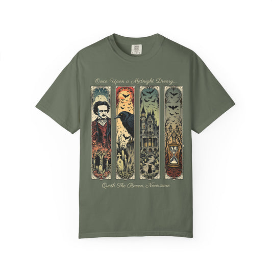 Edgar Allan Poe T-Shirt Gothic Graphic Tee The Raven Nevermore Quote Horror Literature Shirt Dark Academia Aesthetic Halloween Party Gift T-Shirt Printify Moss S