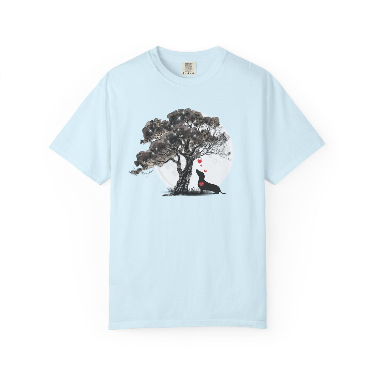 TREE MOON PET Black Dog Under Tree with Red Ball T-shirt | Dog Silhouette Nature Tee
