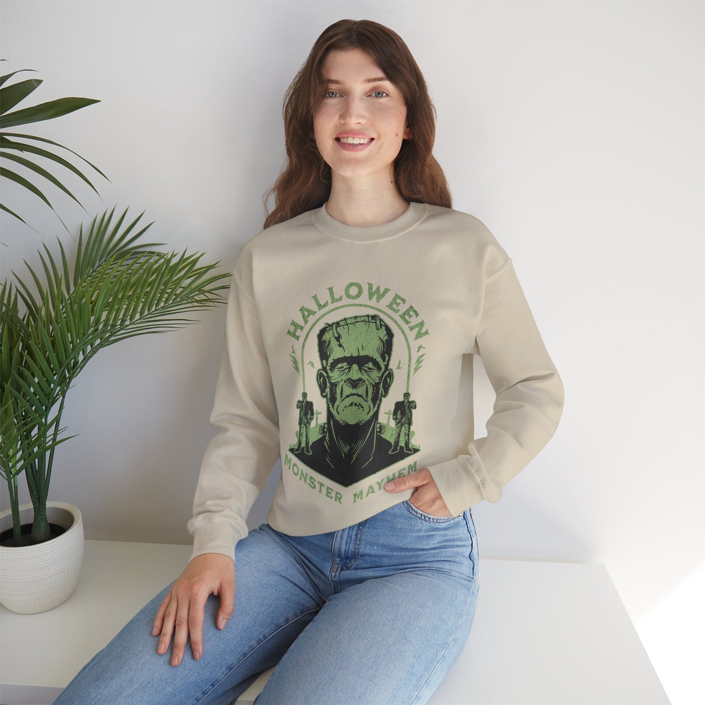 Vintage Halloween Frankenstein Monster Graphic Sweatshirt, Creepy Spooky Book Lover Gift, Horror Movie, Fall Festival Party Sweater. Sweatshirt Printify   