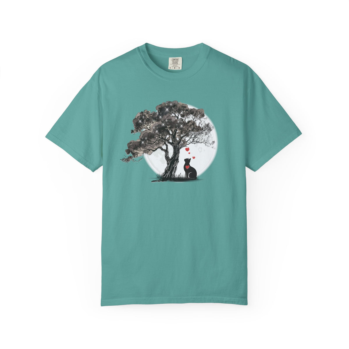 TREE MOON PET Black Dog Under Tree with Red Ball T-shirt | Dog Silhouette Nature Tee