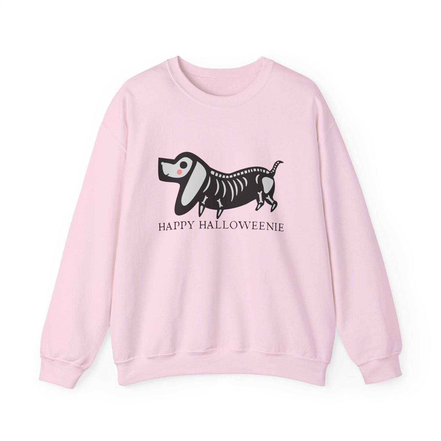 Funny Halloween Dachshund Lover Sweatshirt, Skeleton Dachshund Walking Graphic, Trick or Treat Shirt, Spooky Season, Happy Halloweenie Top Sweatshirt Printify S Light Pink 