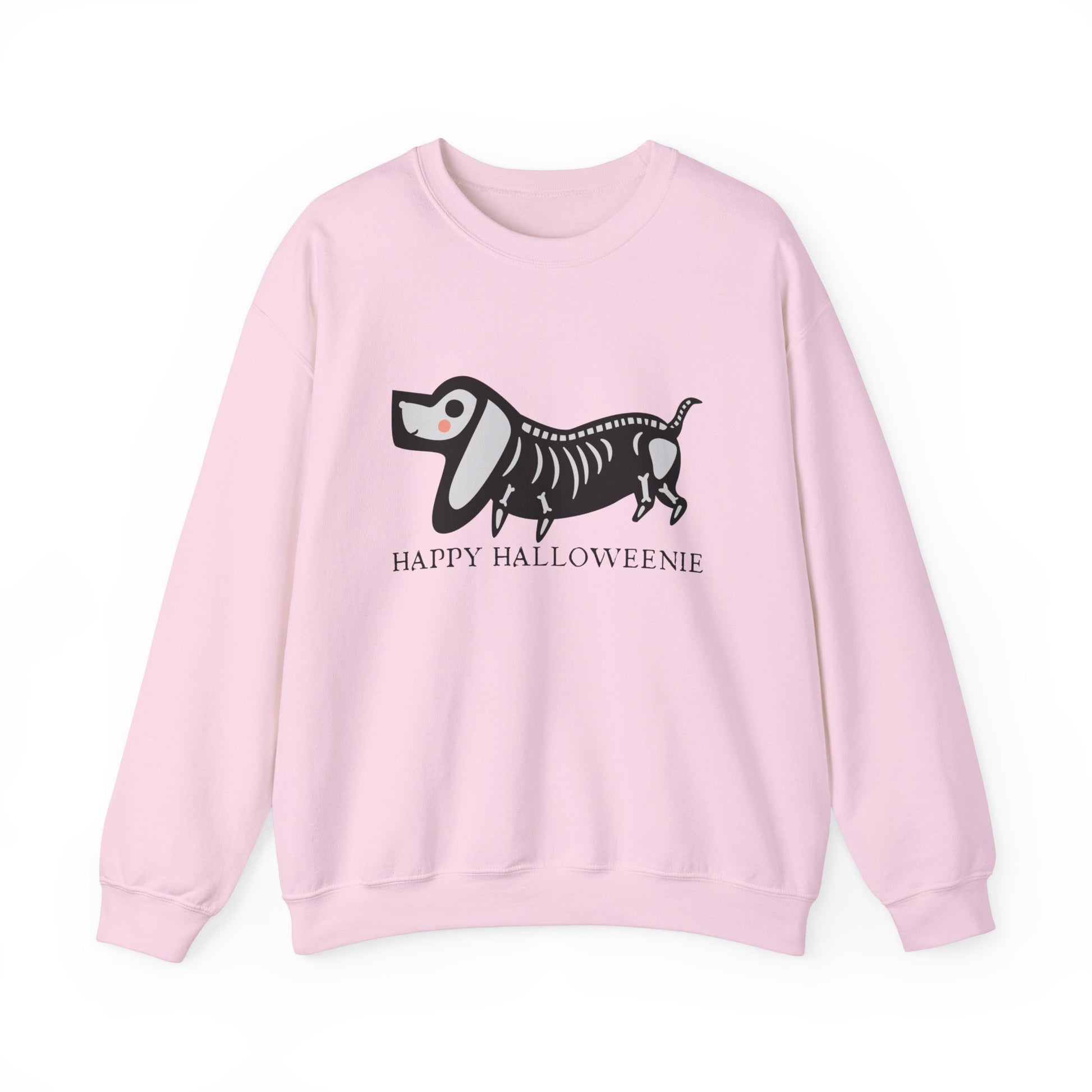 Funny Halloween Dachshund Lover Sweatshirt, Skeleton Dachshund Walking Graphic, Trick or Treat Shirt, Spooky Season, Happy Halloweenie Top Sweatshirt Printify S Light Pink 